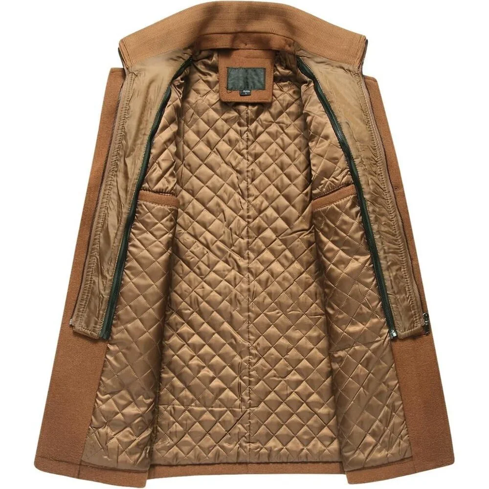 Men's Yellow1 Wool Blend Coat Warm Winter Trench Coat With Detachable Soft Scarf